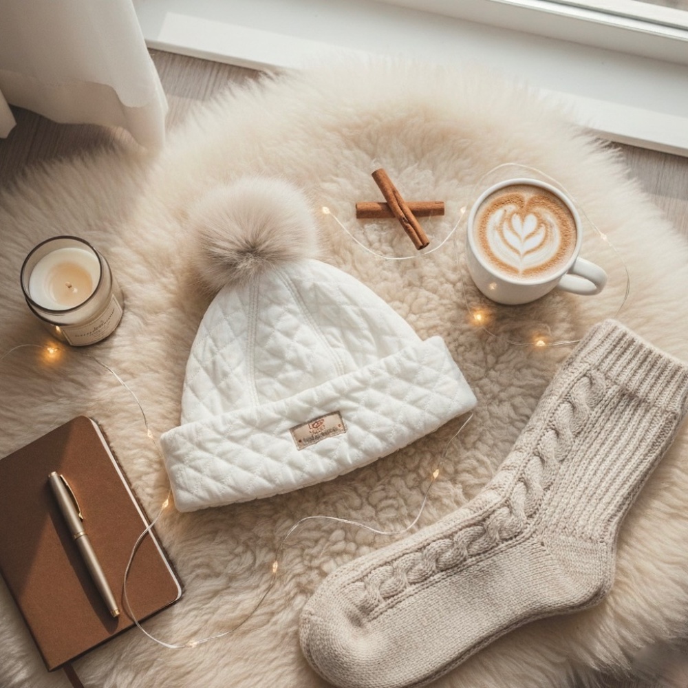 Authentic UGG Australia Cozy White Quilted Beanie Hat Genuine Shearling Pom Pom
